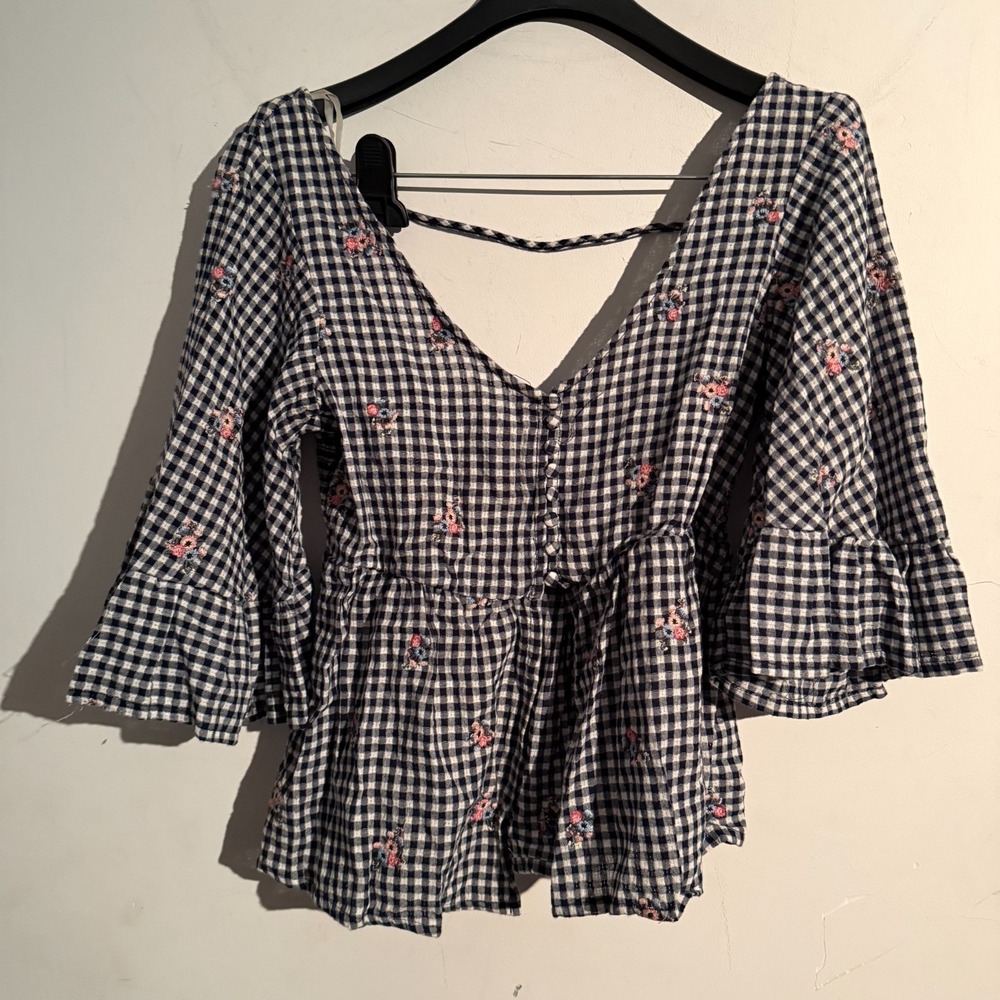 Coco Jaimeson Small Gingham‎ Floral Embroidered Babydoll Top Ruffle Cottagecore